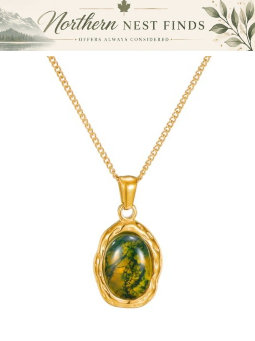 24K Gold Plated Moss Agate Pendant Necklace Stainless Steel 17.7 Inch